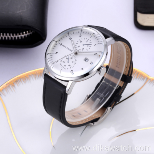 Hot sale MINI FOCUS 0052G luminous waterproof fake two-eye business men's watch genuine Leather wristwatches